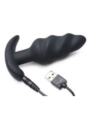 21X Vibrating Silicone Swirl Butt Plug with Remote - Black