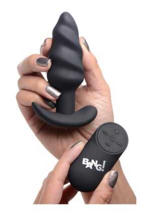 21X Vibrating Silicone Swirl Butt Plug with Remote - Black